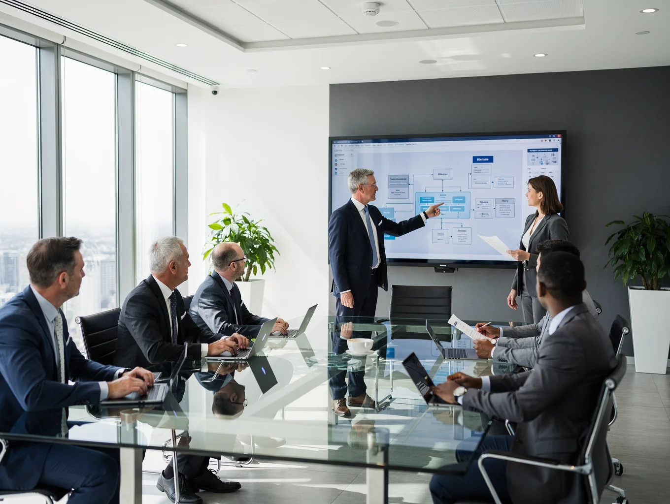 Omnexa Group senior consultants reviewing client risk architecture during an advisory session
